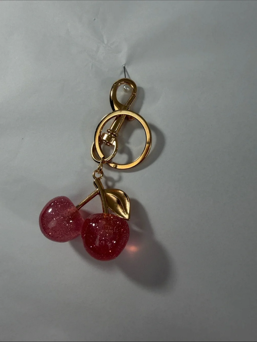 Gold Cherry Pendant Keychain - Pink Glitter Cherries
